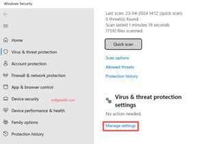Manage settings button under the Virus & Threat Protection settings